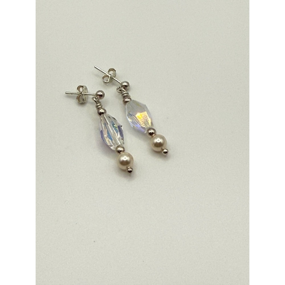 Sterling Silver 925 AB Iridescent Crystal Faux Pearl Dangle Drop Post Earrings